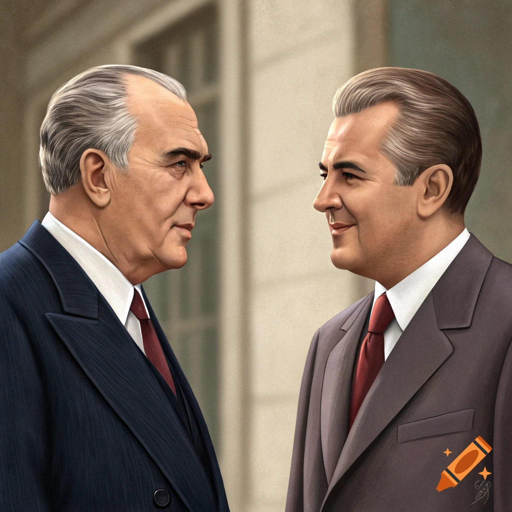 Illustration of two men in suits facing each other in profile.