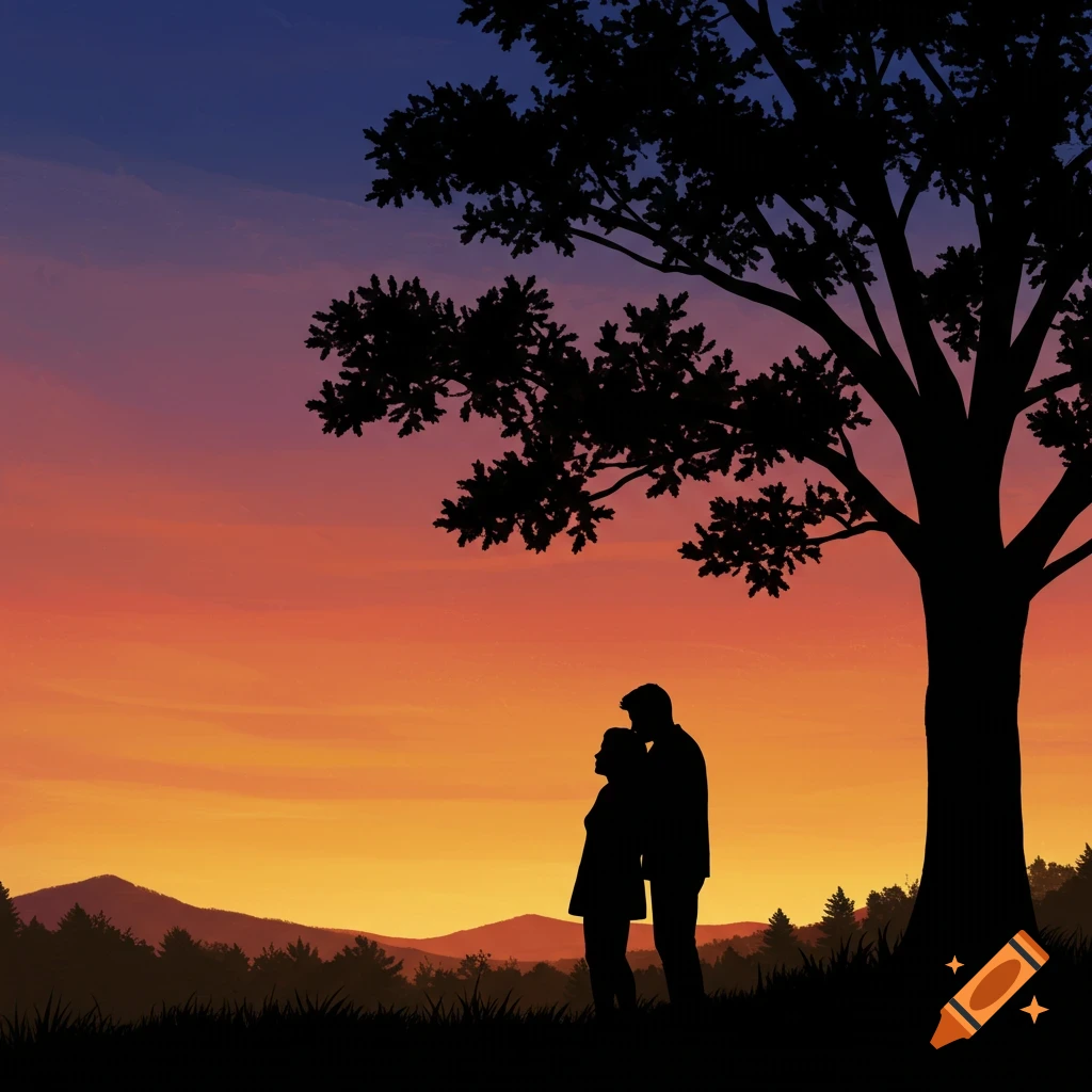Silhouettes of a couple under a tree at sunset