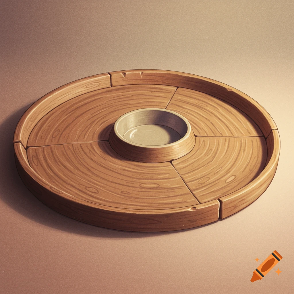 A round wooden serving tray with a central bowl