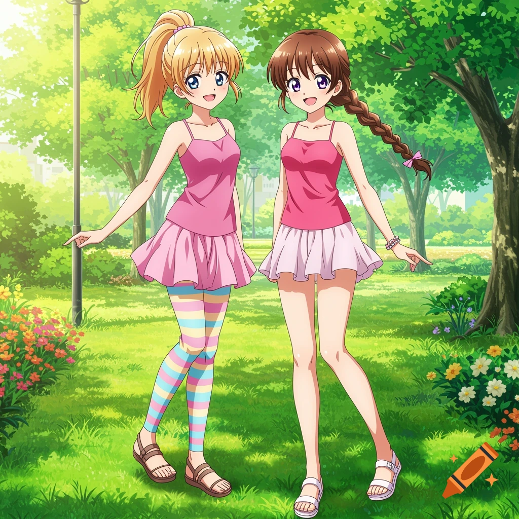Two anime girls in pink tank tops and skirts stand in a sunny park.