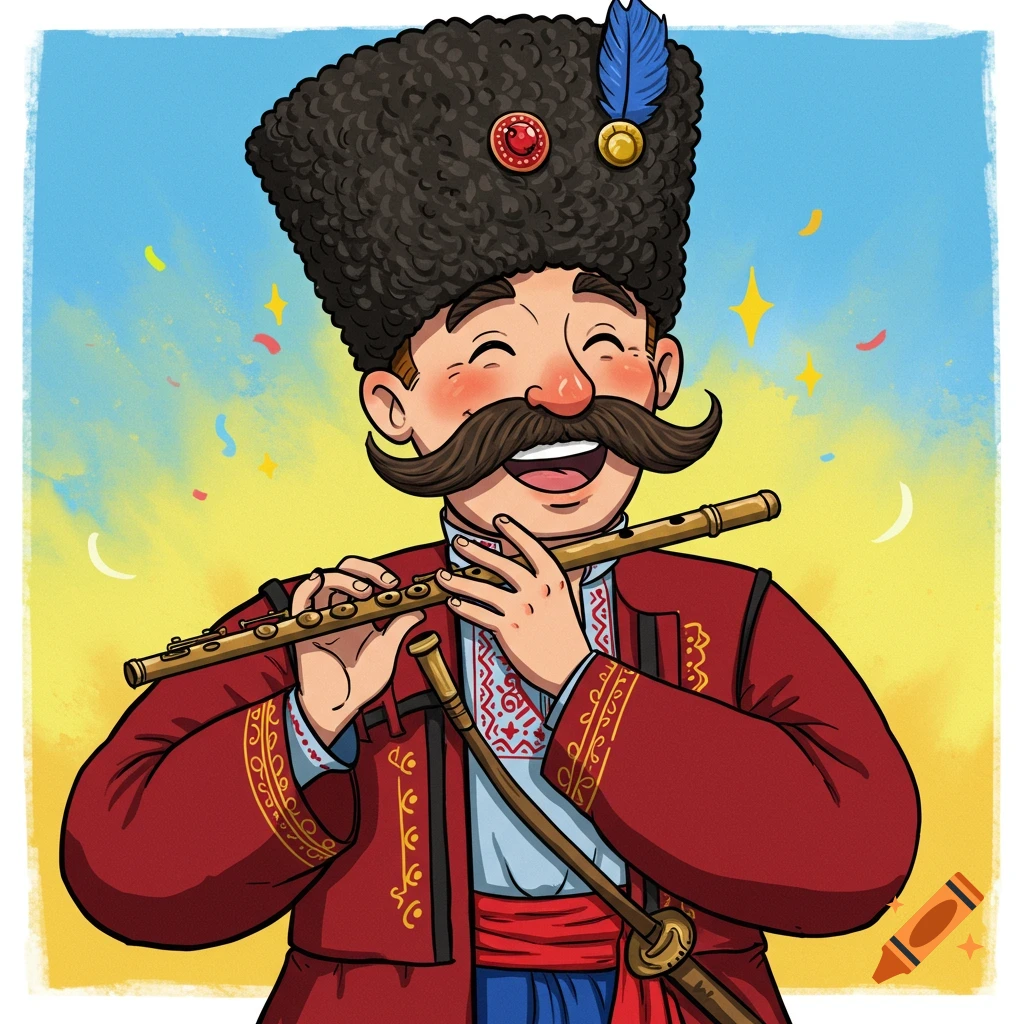 Cartoon Ukrainian Cossack playing flute and smiling
