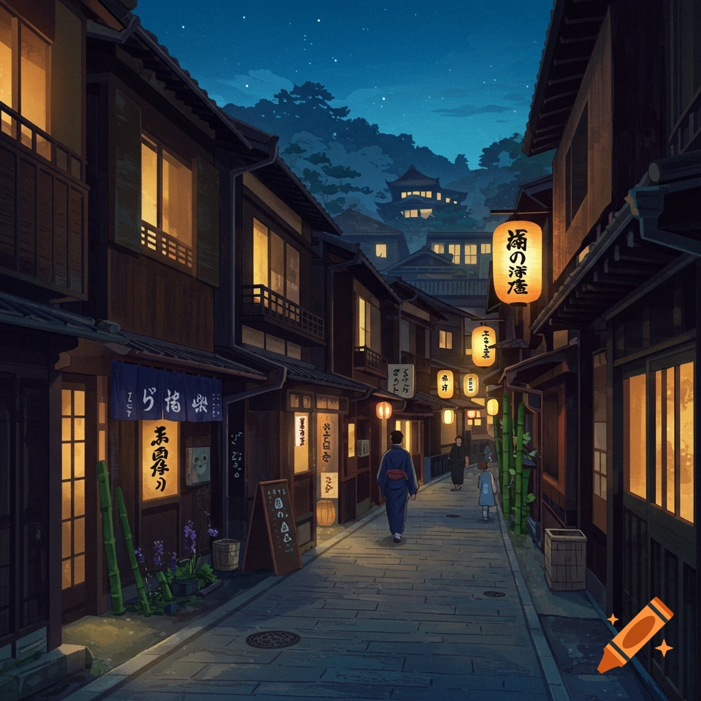 Anime style painting of a narrow Japanese street at night, lit by lanterns, with people walking.
