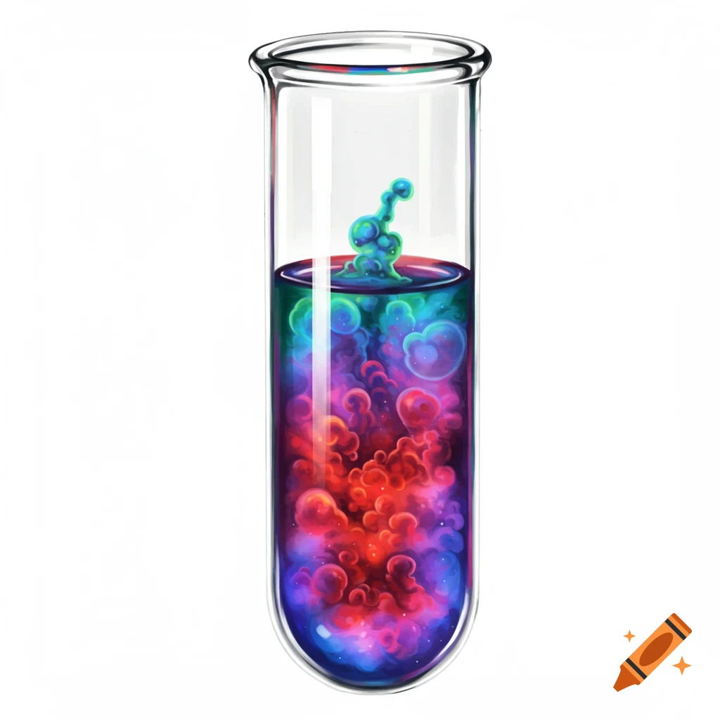 A test tube filled with swirling, colorful liquid.