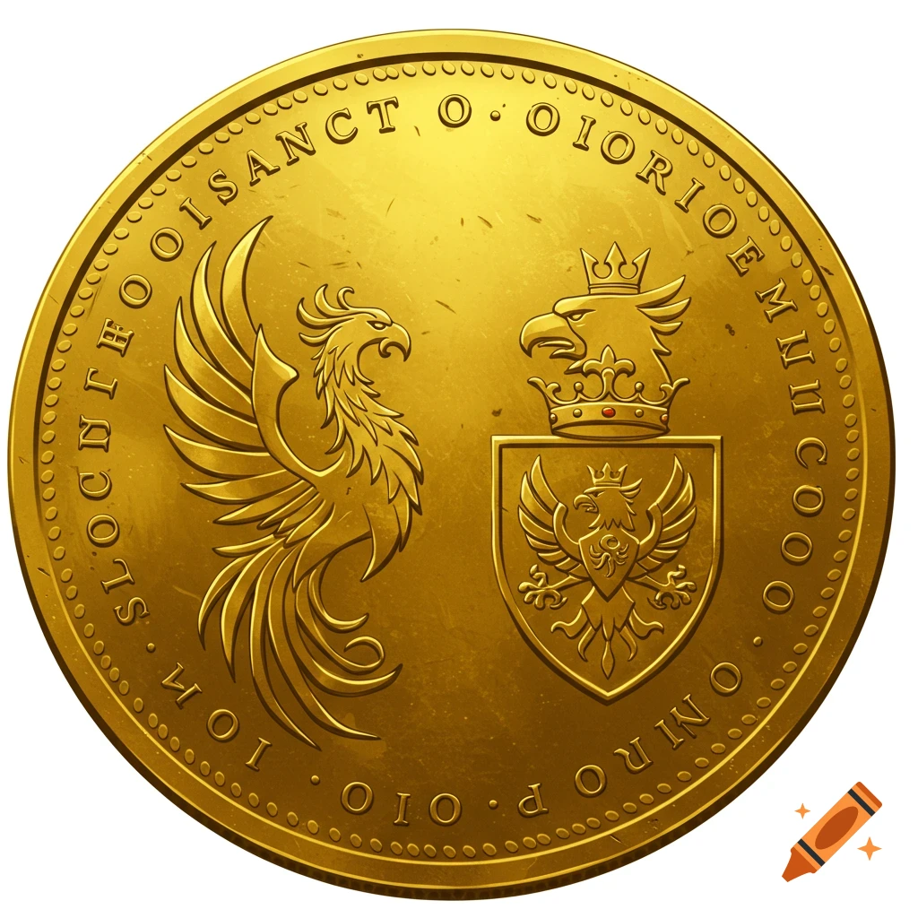 A detailed image of a gold fantasy coin featuring a phoenix, an eagle, and decorative text around the border.