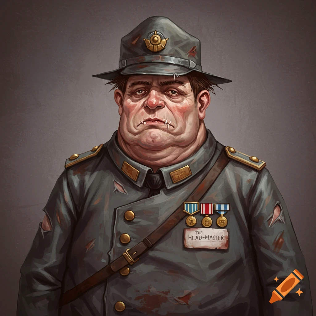 A portly man in a tattered military uniform and hat, wearing a "The Head-Master" name tag.