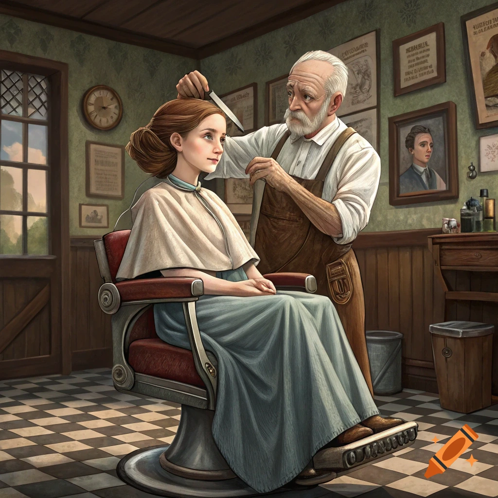 An old barber cuts a young woman's hair in a vintage barber shop.
