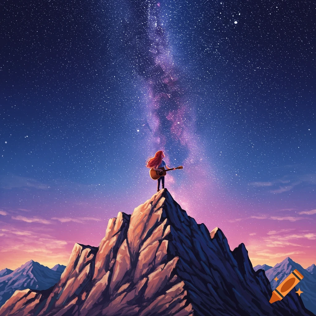 A person plays a guitar on a mountain peak under the Milky Way.