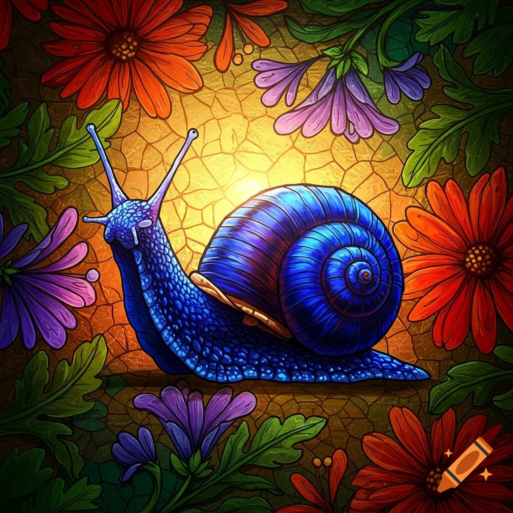 Blue snail with a spiraled shell surrounded by flowers, in a stained glass style.