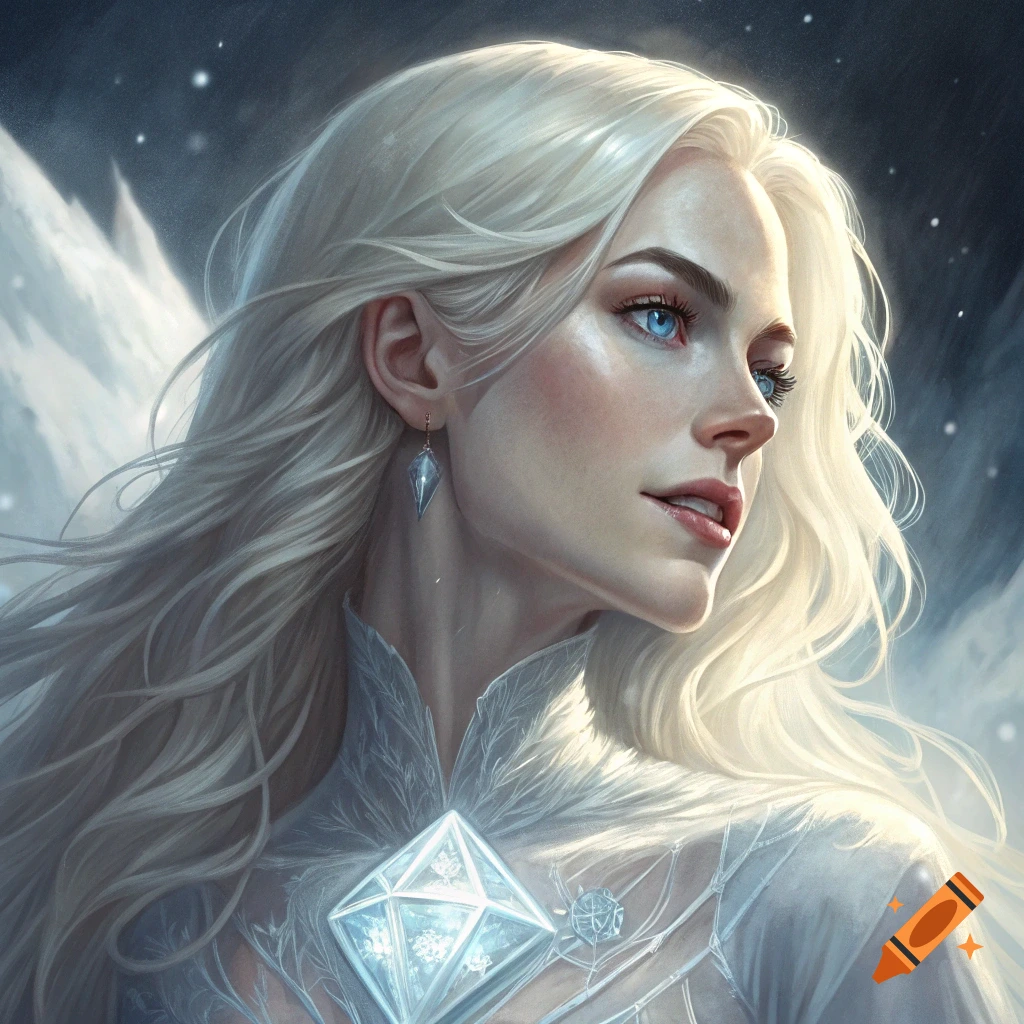 Portrait of a woman with long blonde hair and blue eyes wearing an icy diamond costume.