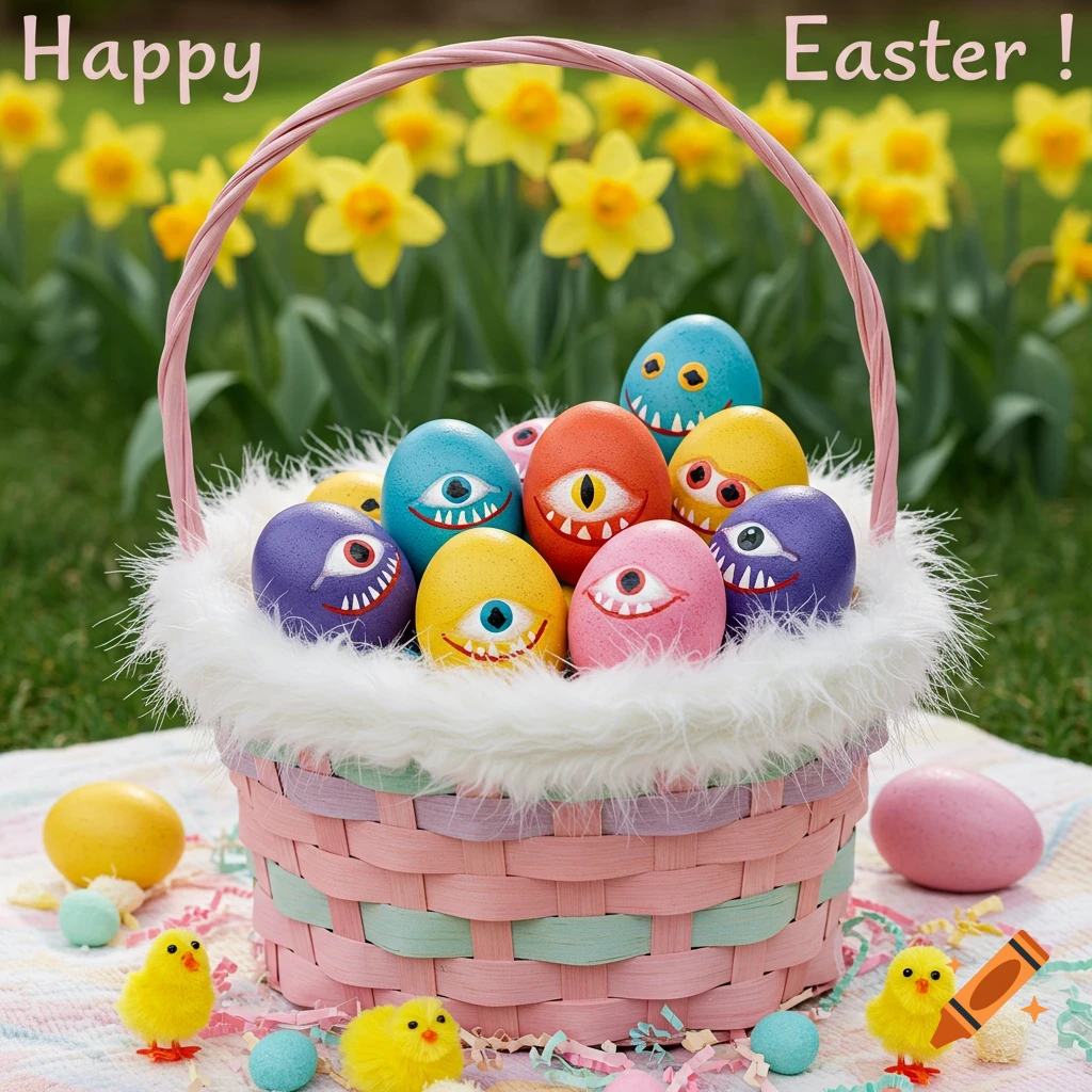 A basket of monster-like Easter eggs with chicks, flowers, and text saying "Happy Easter!".