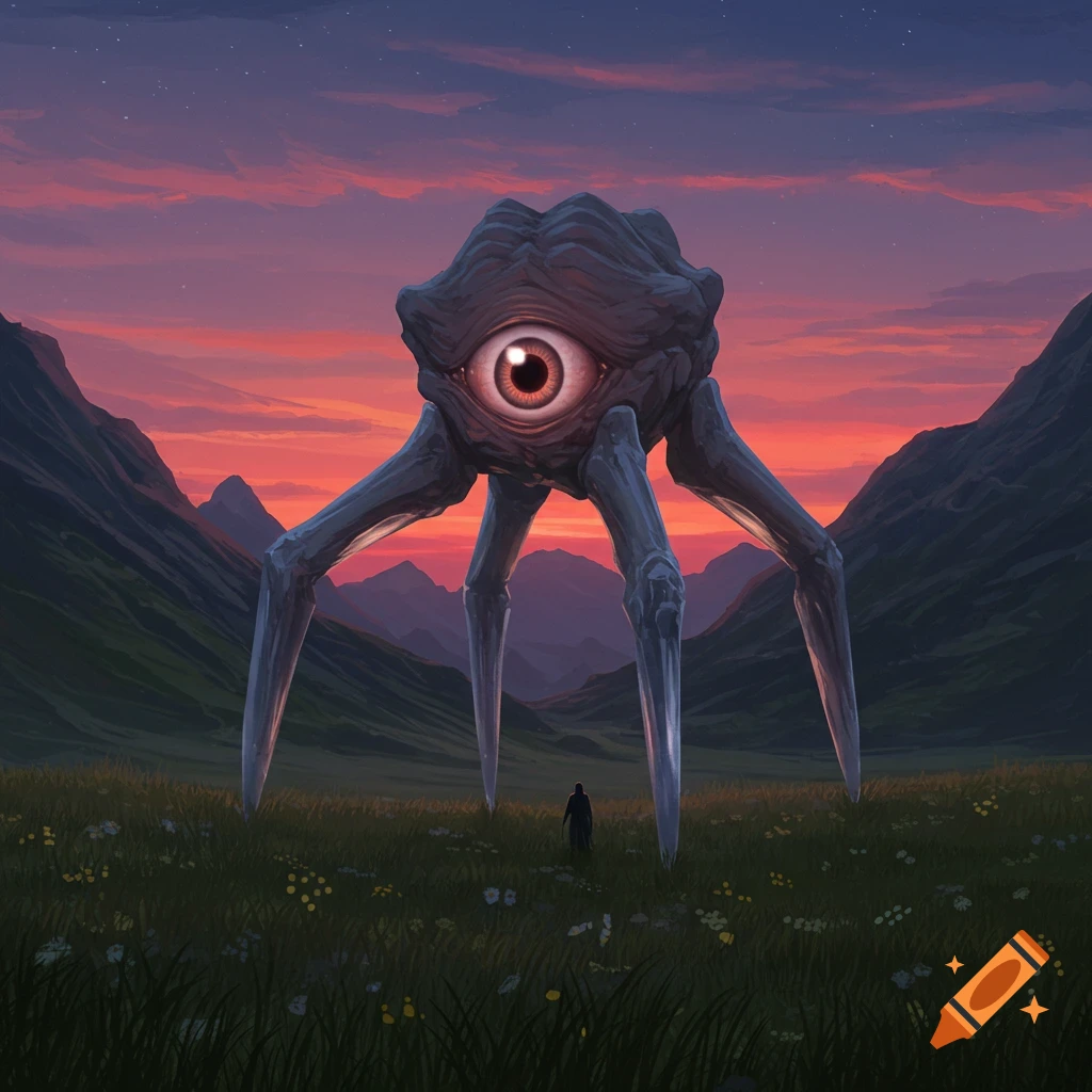 A gargantuan one-eyed creature with four pointed legs standing in a mountainous grassy plain at twilight.