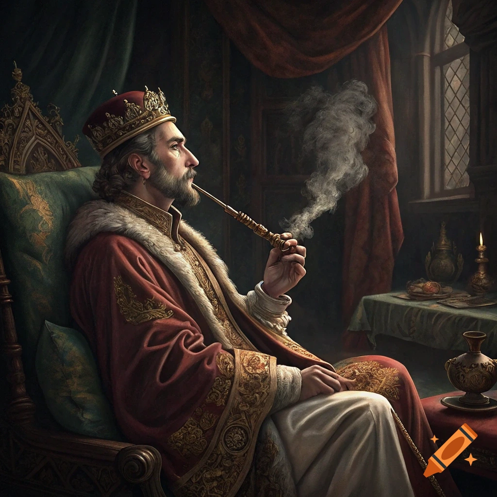 A bearded man in a crown and renaissance-style robe sits in a chair smoking a long pipe.