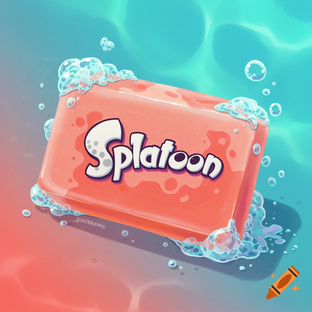A Splatoon-themed bar of coral soap with bubbles on a blue and pink gradient background.