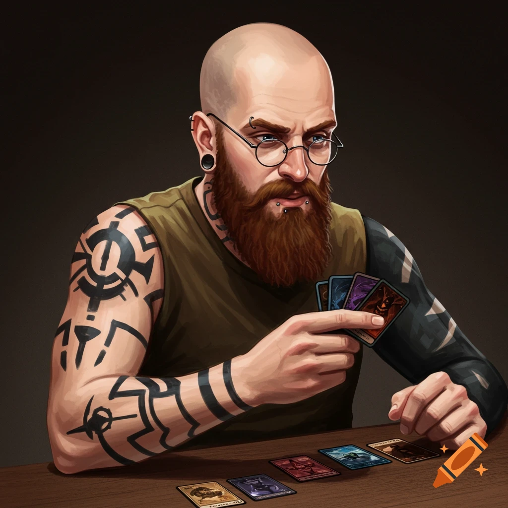A bald man with a beard, tattoos, and piercings playing a fantasy card game