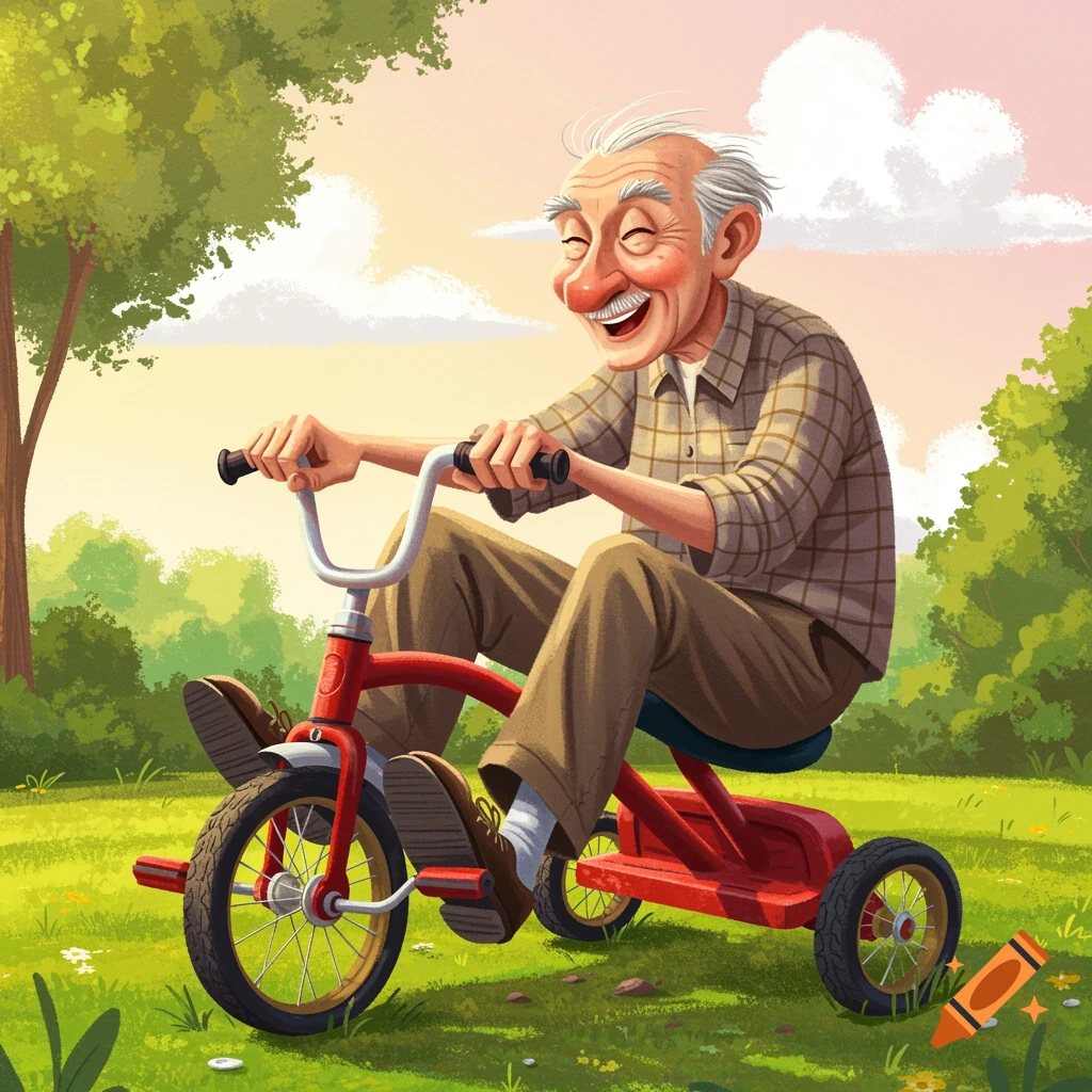 Illustrative image of a happy elderly man riding a red tricycle through a sunny park.