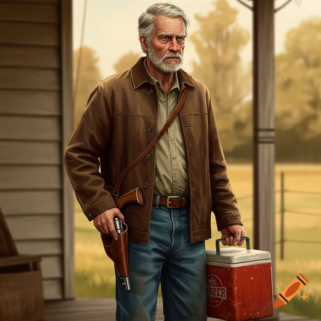 An older man with a beard holds a gun in a holster and a red cooler outside.