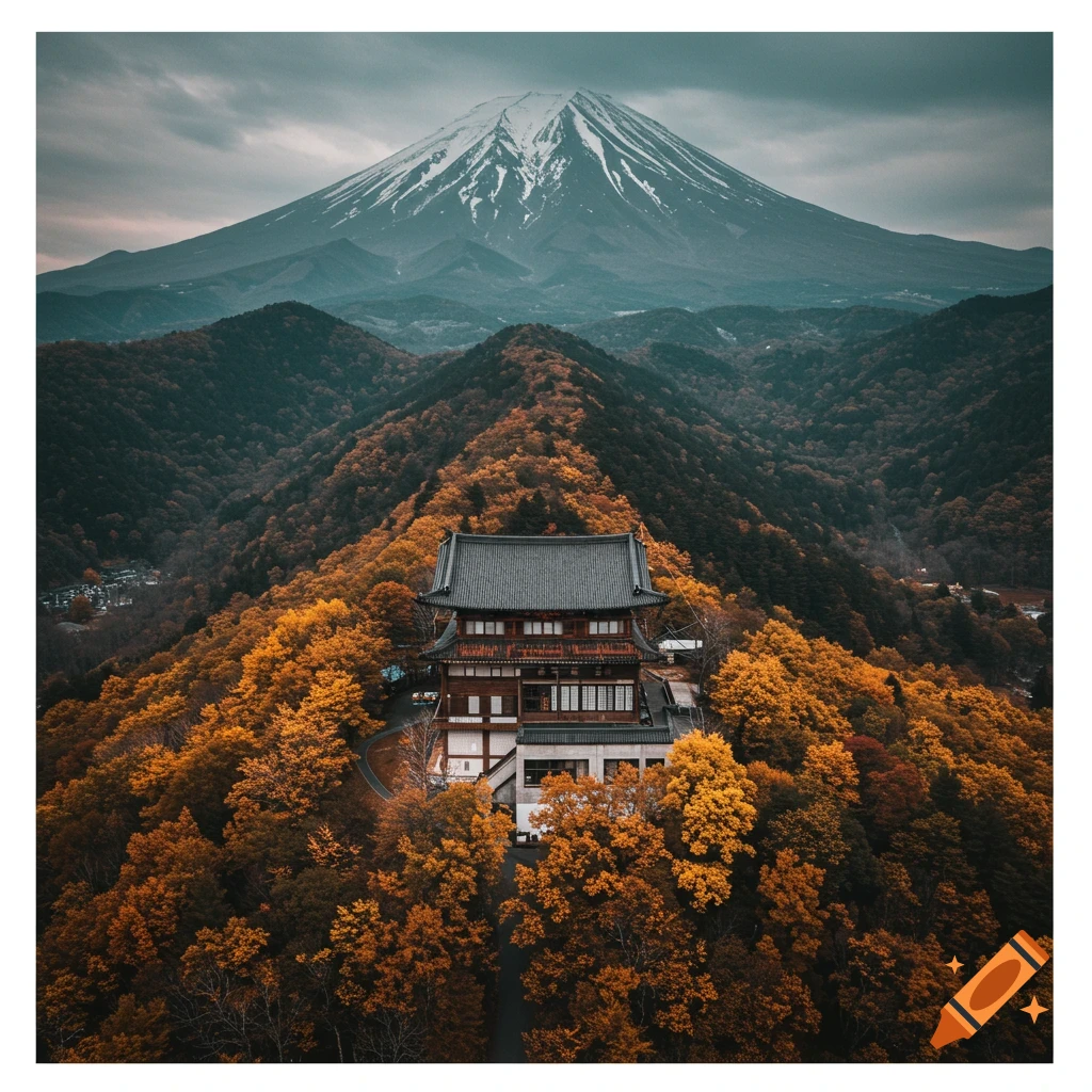 A traditional temple sits on a hill covered in vibrant autumn foliage, with a snow-capped mountain in the background under a cloudy sky.