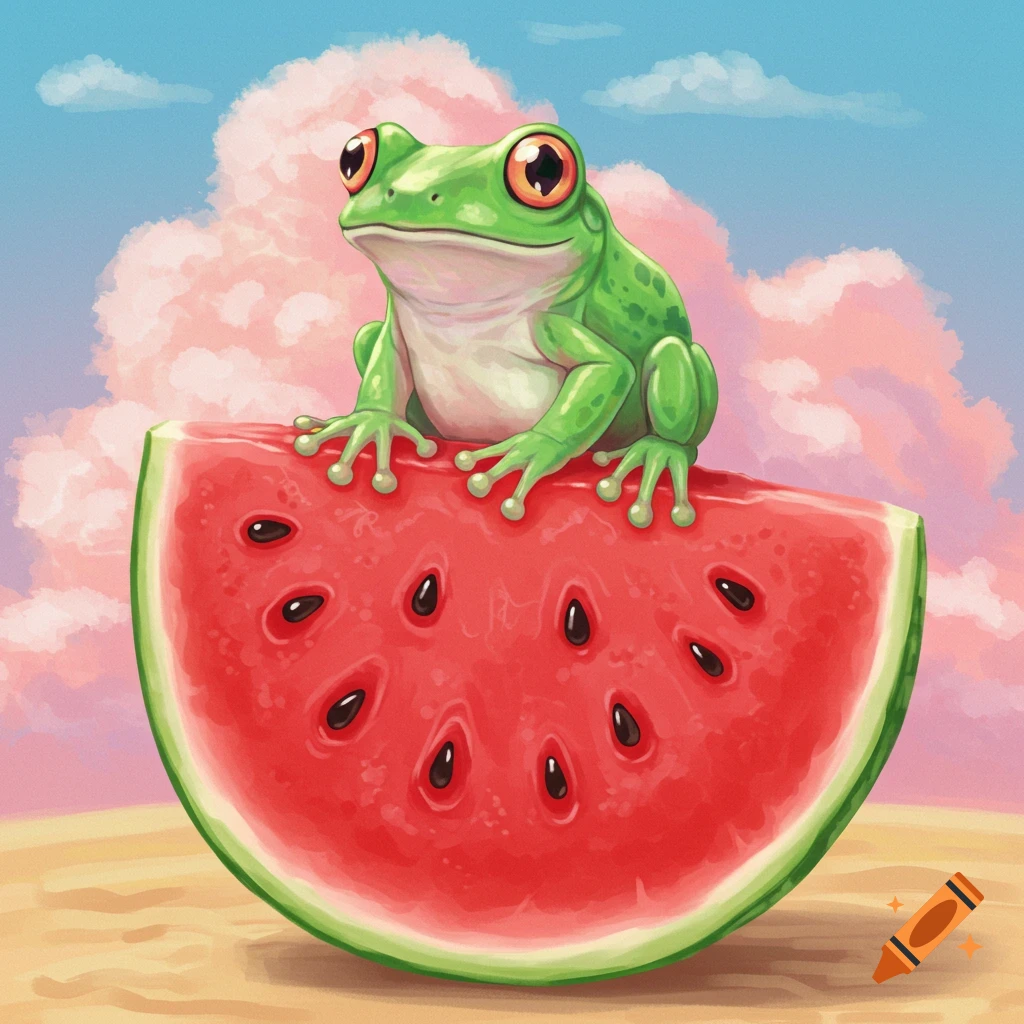 A green frog sits on a slice of watermelon under a pink and blue sky.