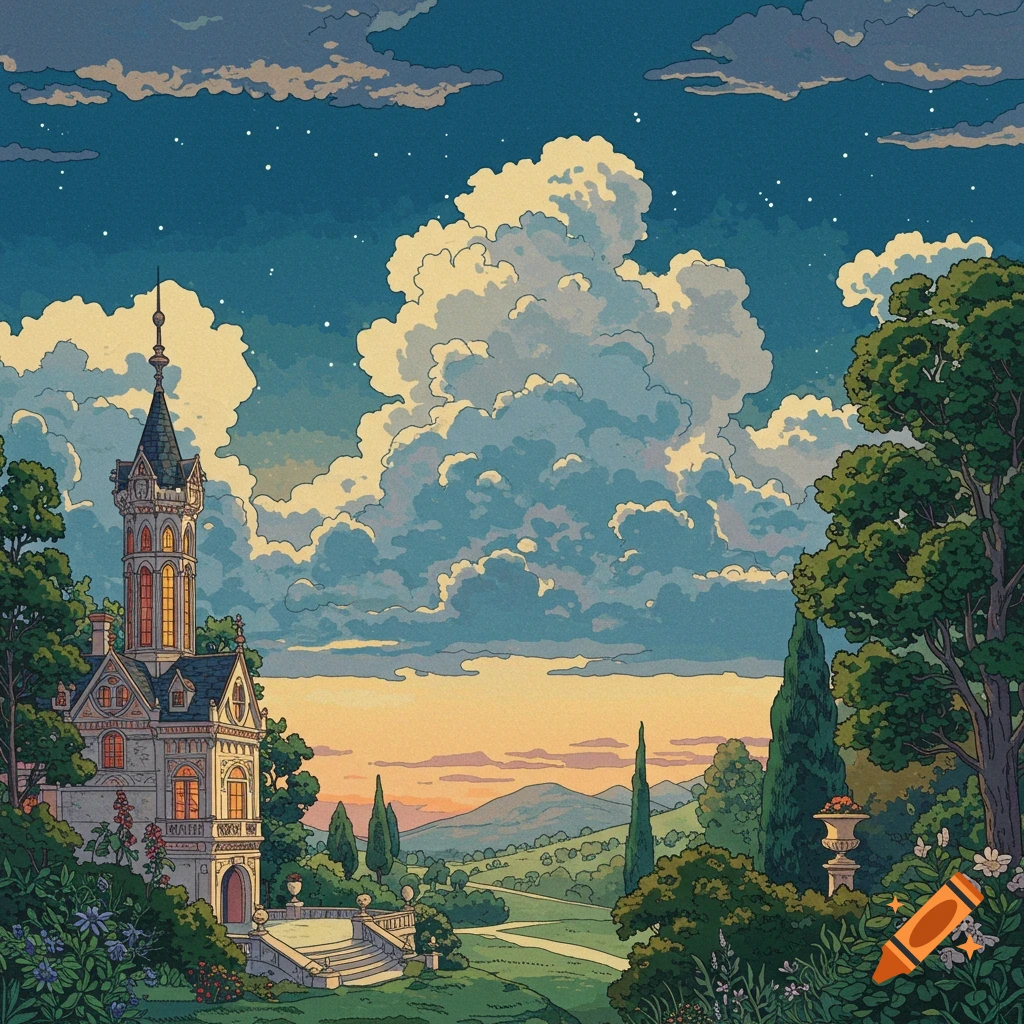 An elaborate mansion in a lush garden landscape under a dramatic sky, in the style of Maxfield Parrish.