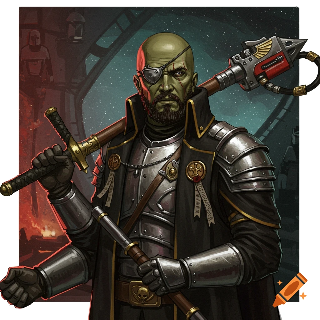 An illustrated man in sci-fi armor with an eyepatch and beard, holding a sword and staff