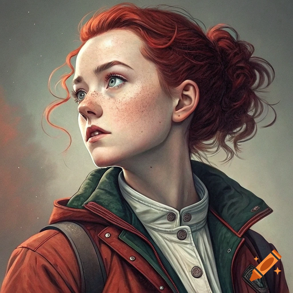 Digital illustration of a young woman with red hair and freckles wearing a jacket and backpack, looking up and away.