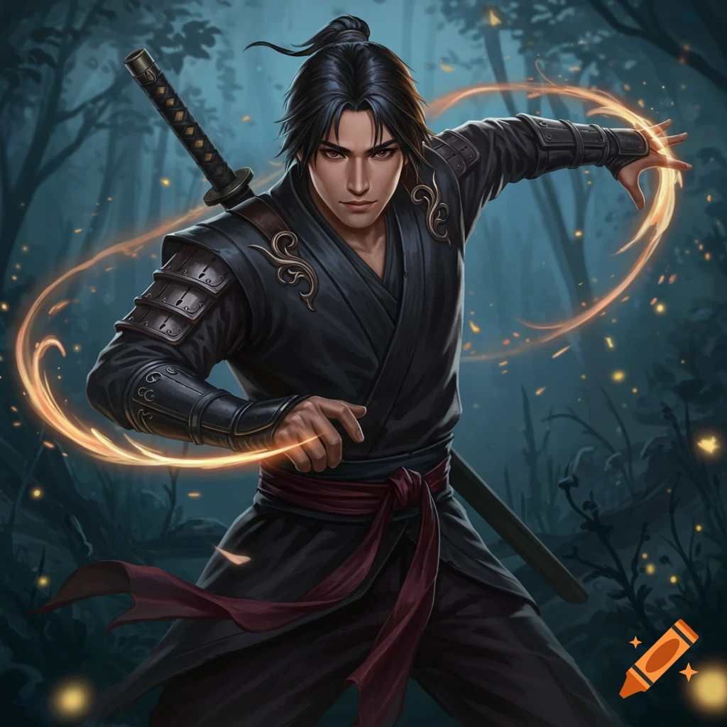 An Asian man ninja casting a spell with a sword in a dark forest.