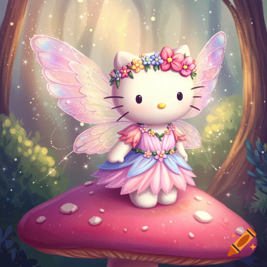 Hello Kitty fairy on a pink mushroom in a magical forest with sparkling wings and floral crown