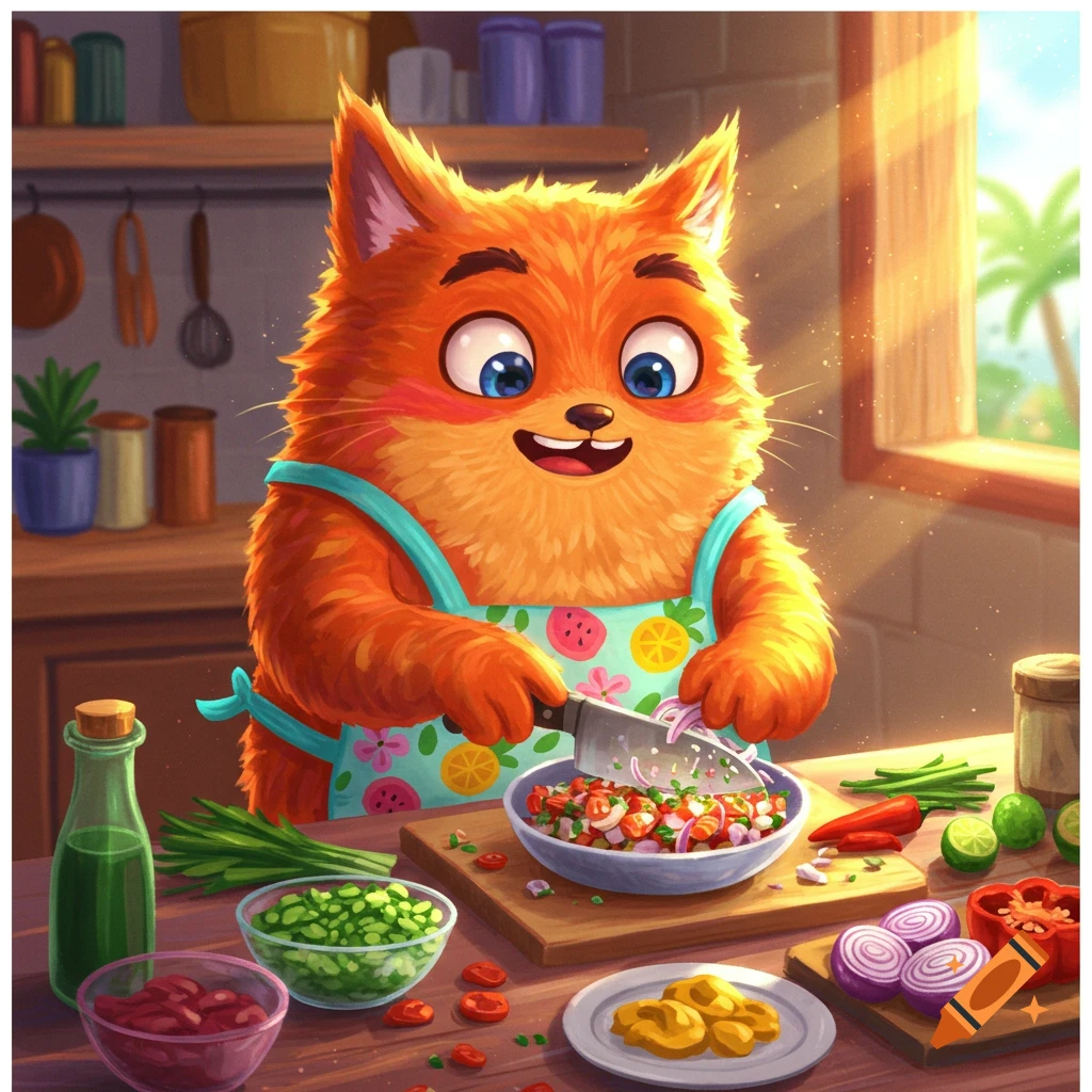 Cartoon cat wearing apron chopping vegetables for ceviche in a kitchen.