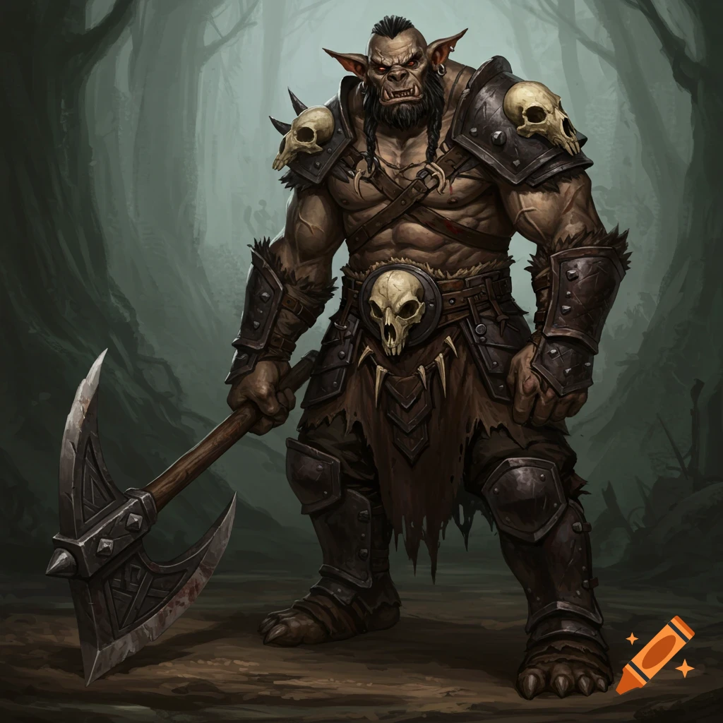 A tall bugbear barbarian with a large axe, wearing skull armor, standing in a forest.
