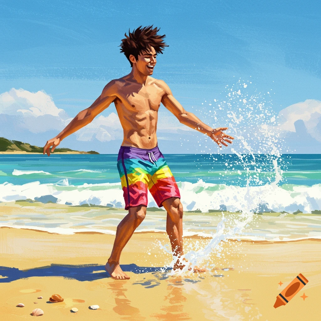A man in rainbow shorts is splashing water on a sunny beach.