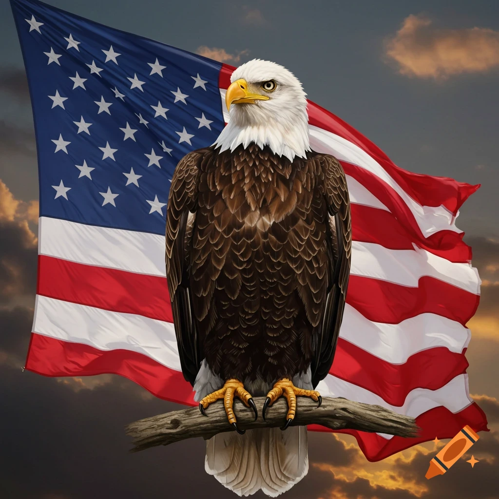 A bald eagle perches on a branch in front of a waving American flag against a sunset sky.