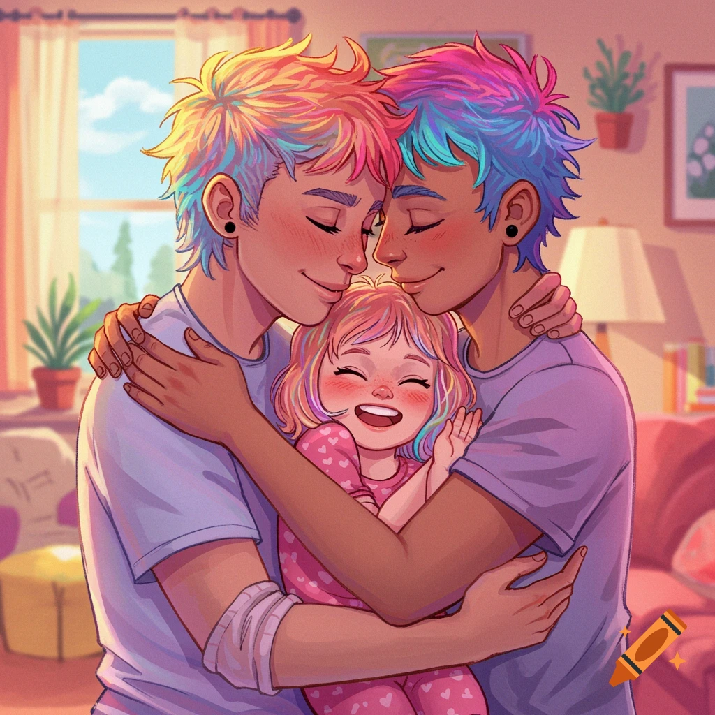 Two parents with multicolored hair embracing their smiling child in a cozy living room.
