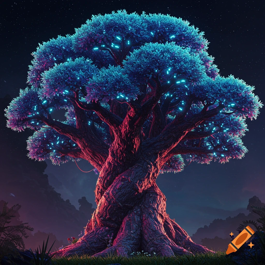 A fantasy tree with blue glowing lights against a starry night.
