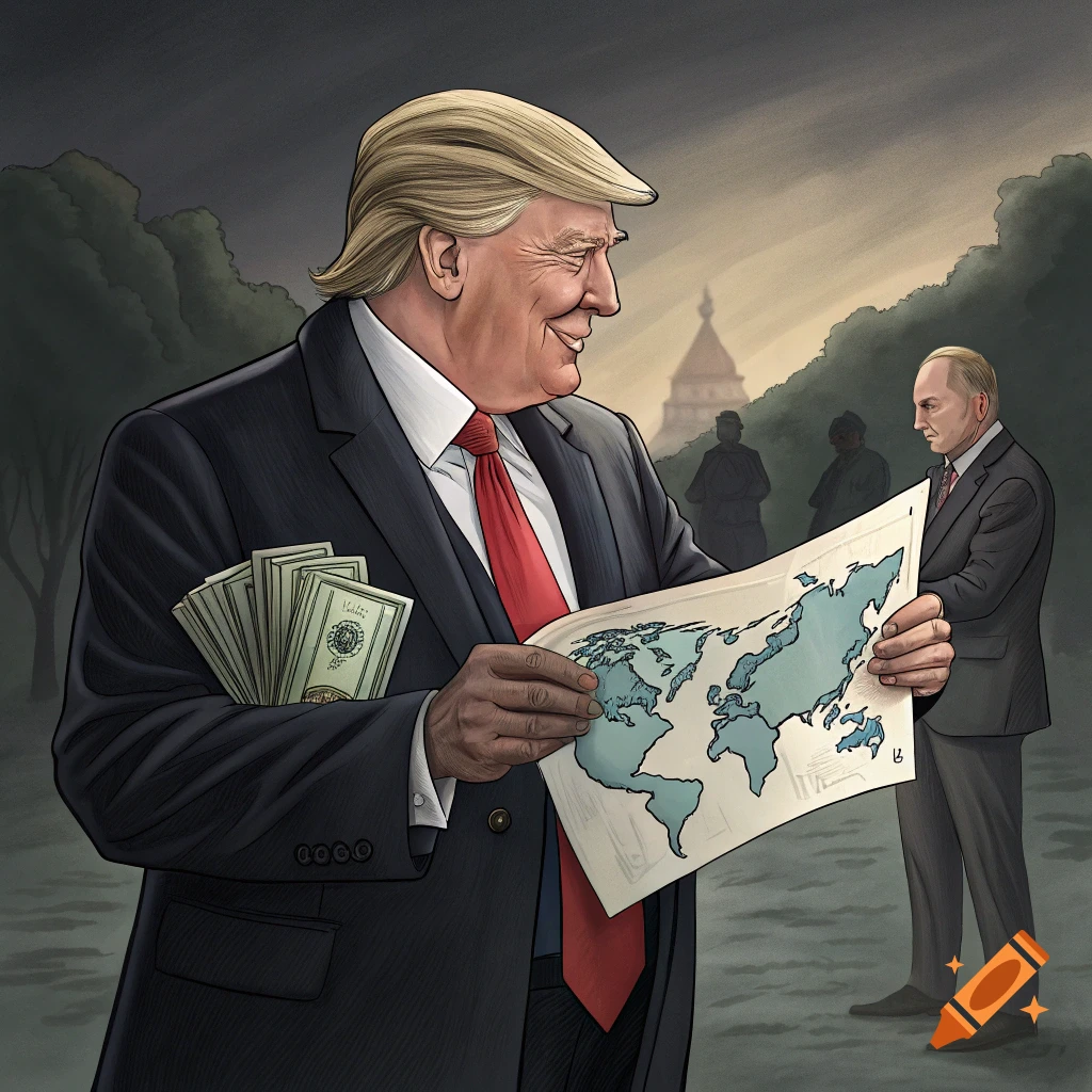 Illustration of Trump with money looking at a world map while Putin stands behind him.