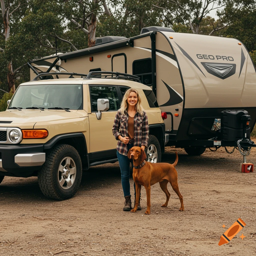 Blonde woman with a dog in front of an SUV and travel trailer