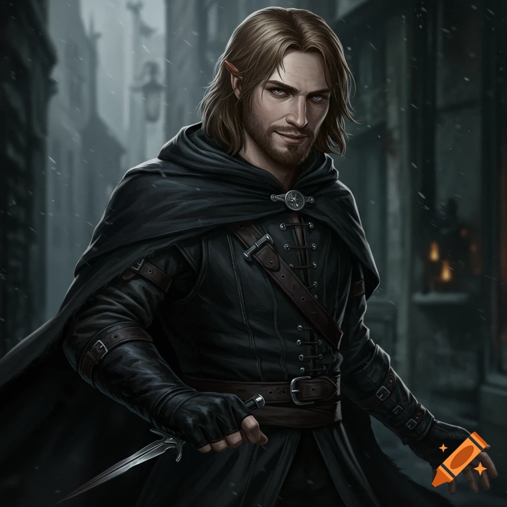 A male rogue with long hair, beard, and a dark cloak, holding a dagger in a rainy street.