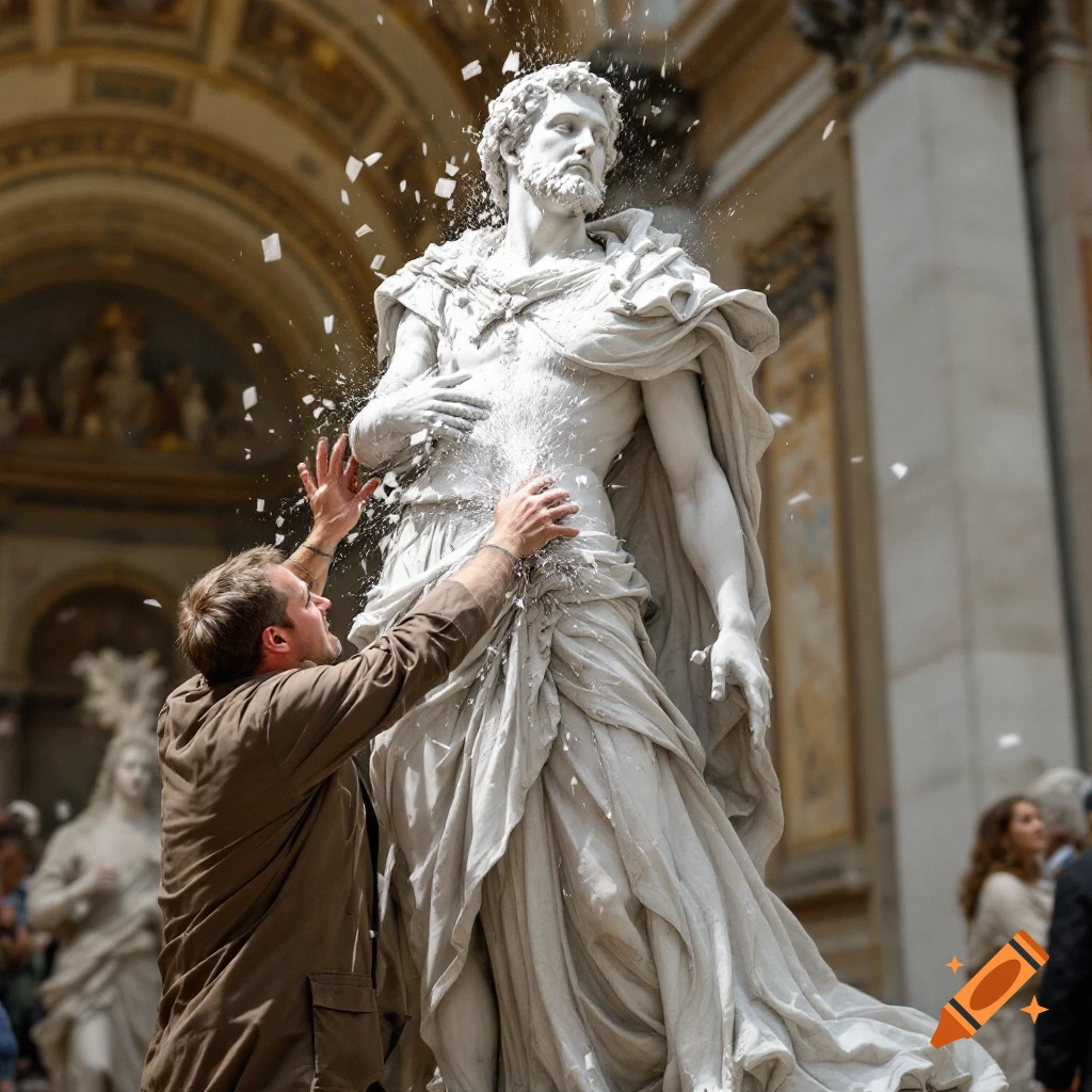 A man interacts with a white marble statue that is breaking into pieces, scattering around them.