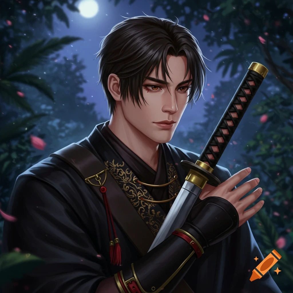 A man in black holding a katana at night.