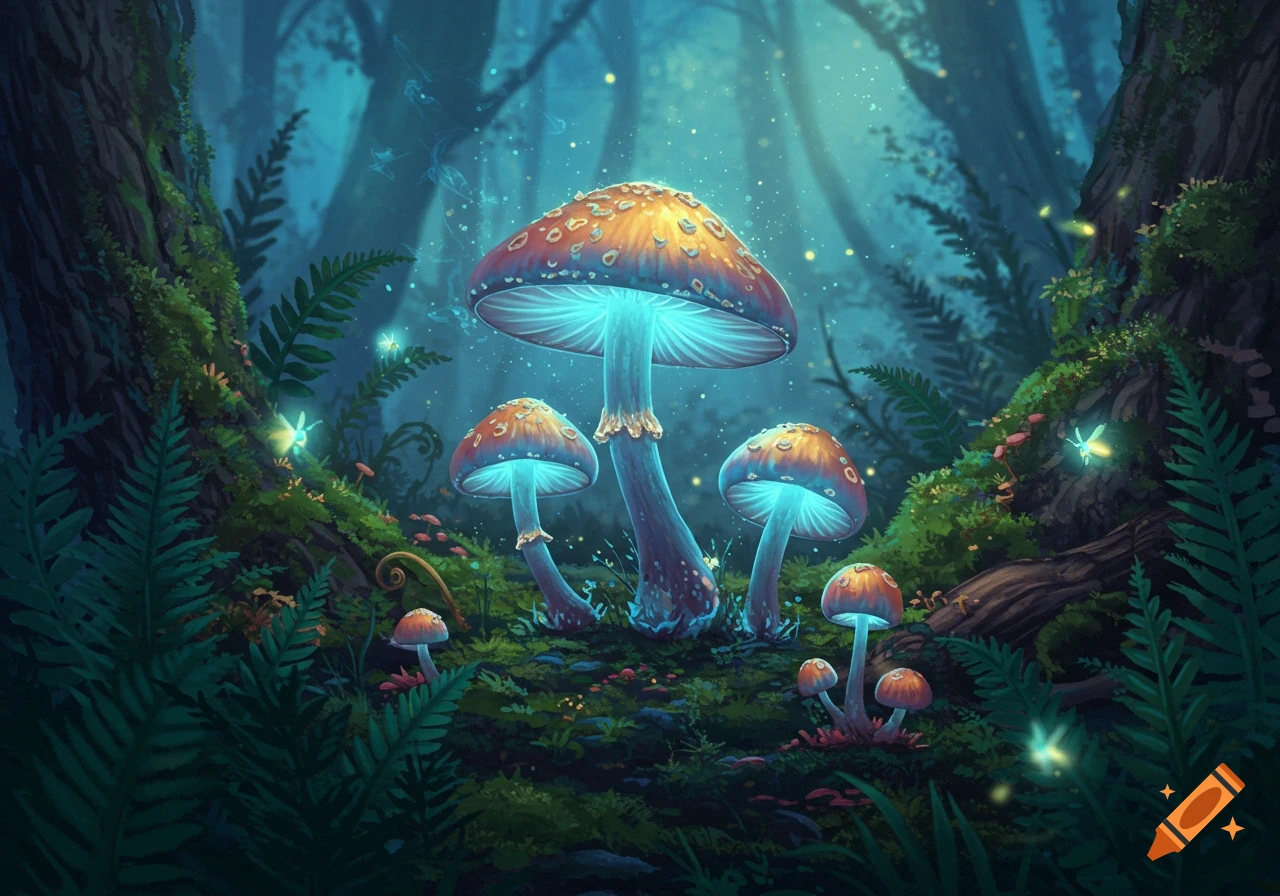 Glowing enchanted mushrooms in a dark forest with fireflies.