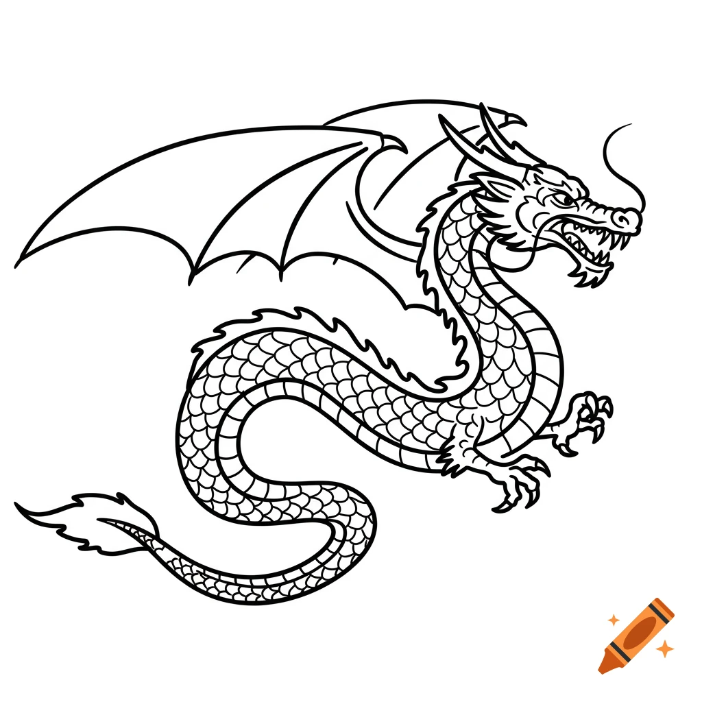 Black and white line art of a flying dragon.