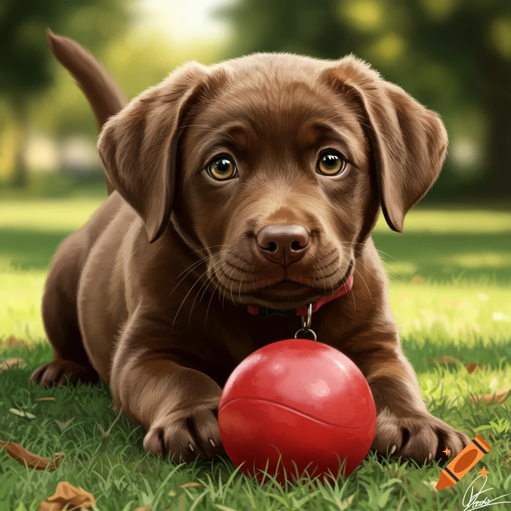 A brown Labrador puppy playing with a red ball in the grass.