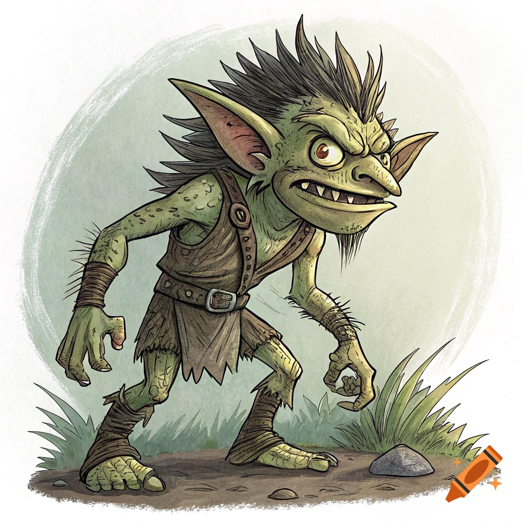 Spikey green goblin illustration in rough clothing.