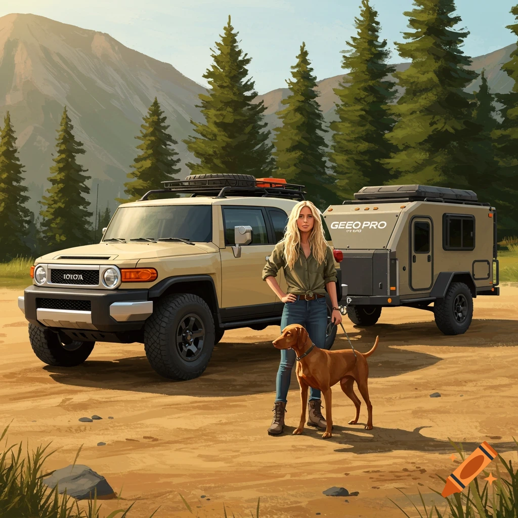 A woman and her vizsla dog standing by an SUV and a trailer in a mountain landscape.