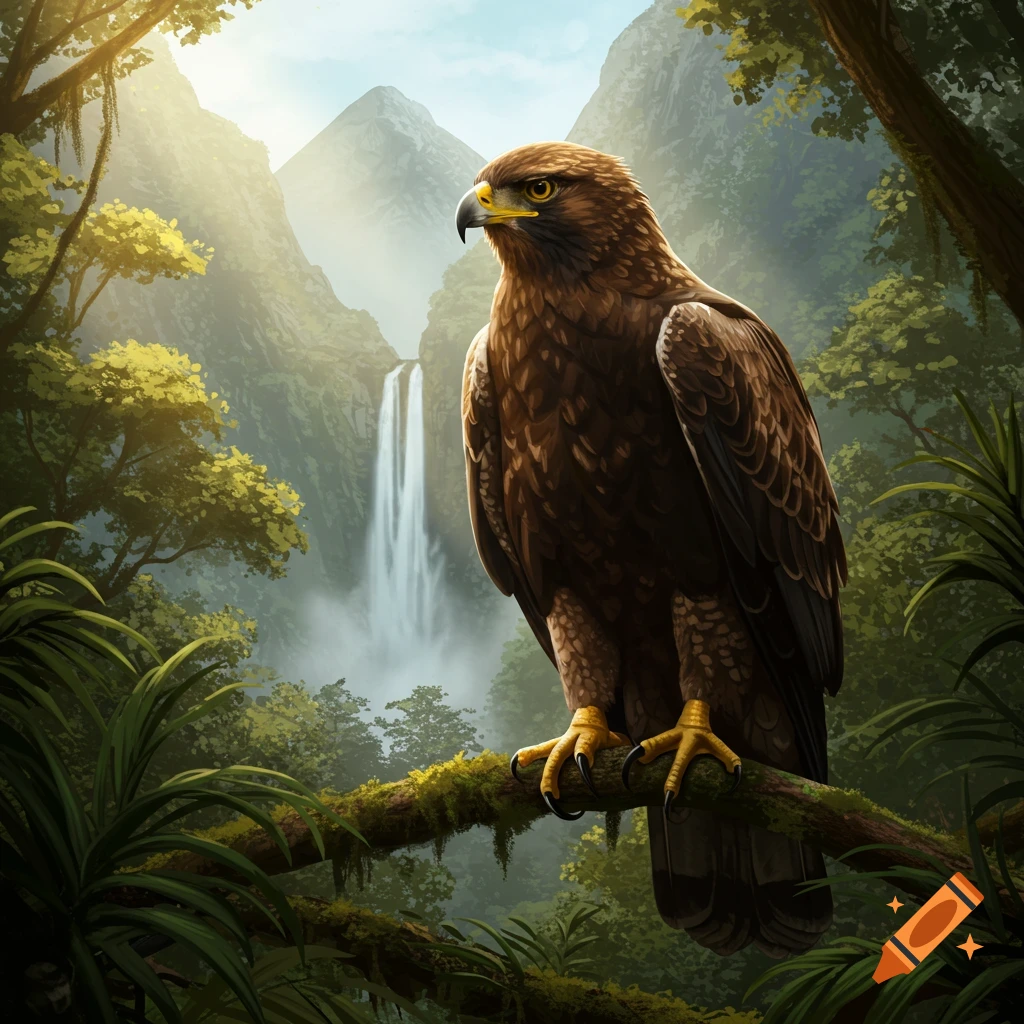 A majestic brown eagle perches on a branch in a lush forest with a waterfall and mountains in the background.