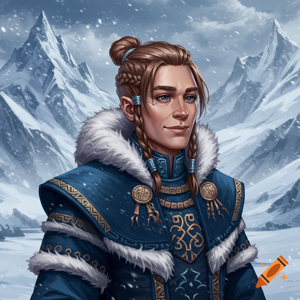 A fantasy person with braided hair in winter clothing in front of snowy mountains.