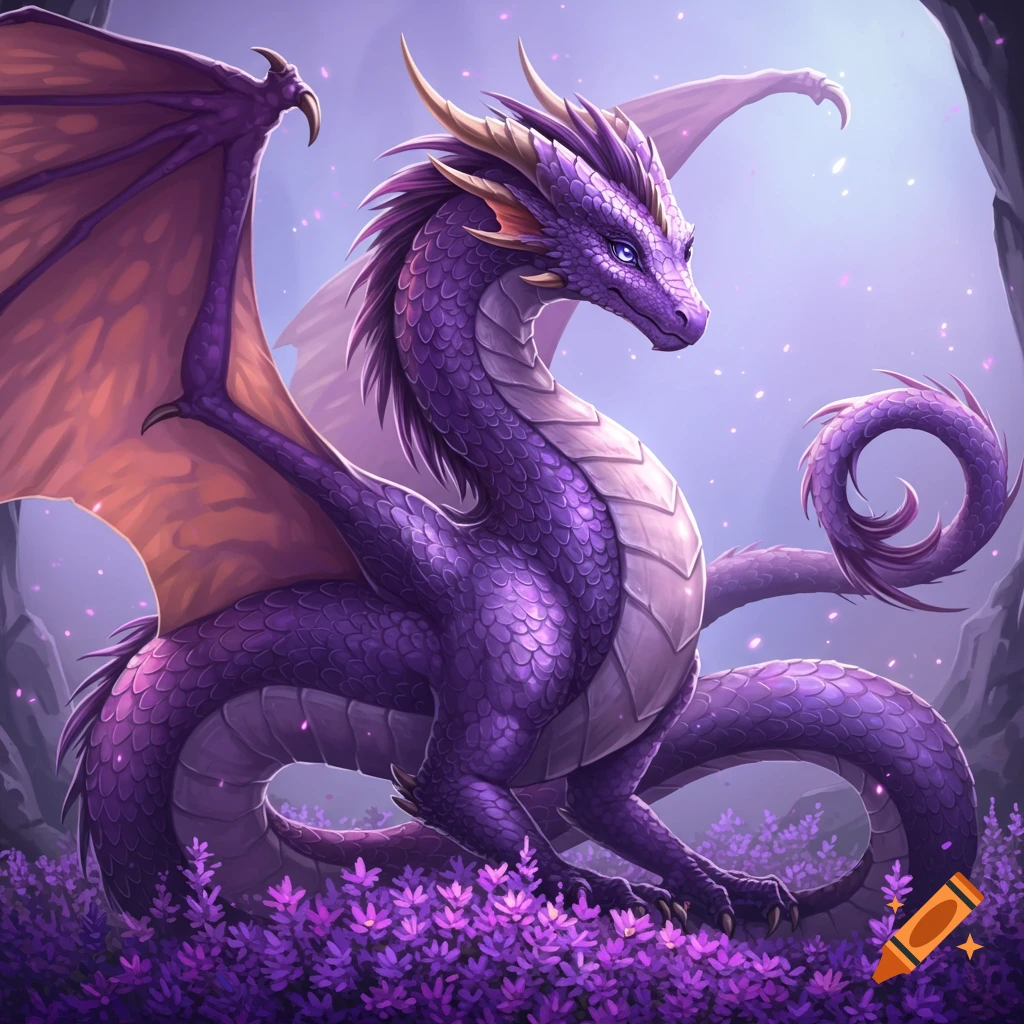 A detailed image of a purple dragon sitting among purple flowers near a cave entrance.