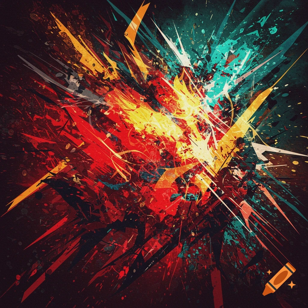 Abstract colorful explosive splash with red, yellow, orange, and teal on dark background.
