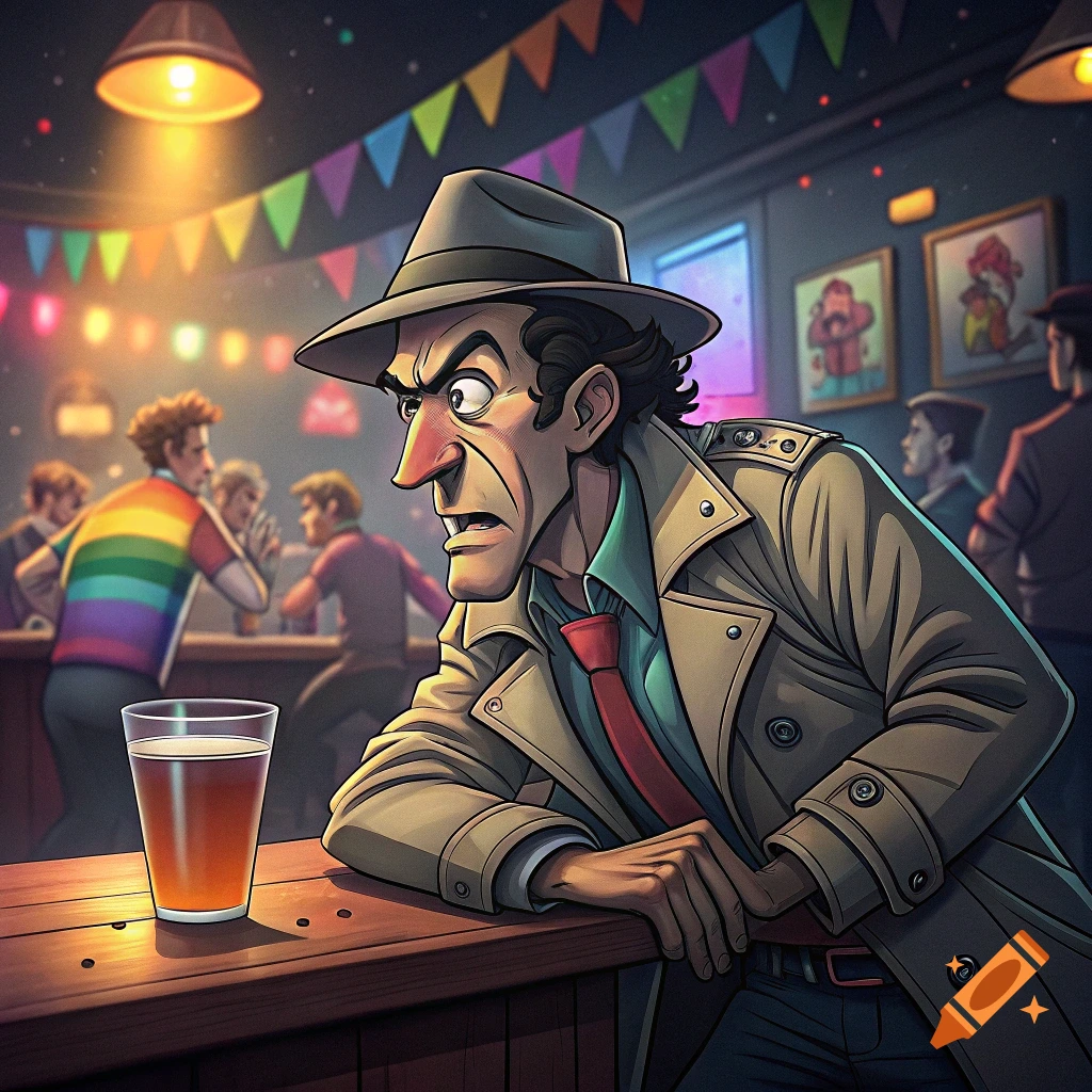 Cartoon man in hat and coat at a bar looks angry; people in rainbow shirts are behind him.