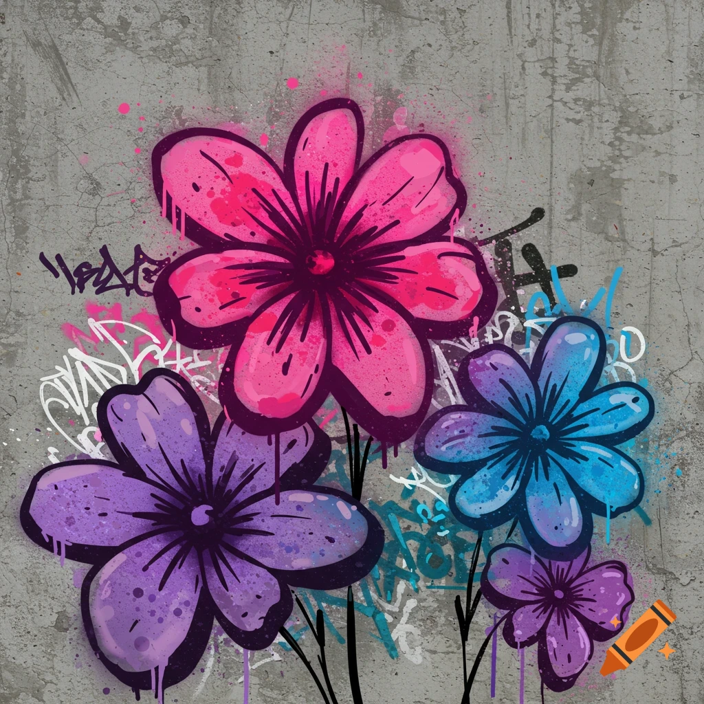 vibrant flowers as graffiti on a concrete wall.