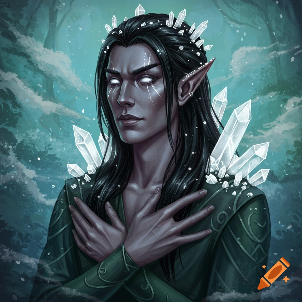 A male elf with long black hair and glowing white eyes, adorned with white crystals around his head and shoulders, against a forest background.